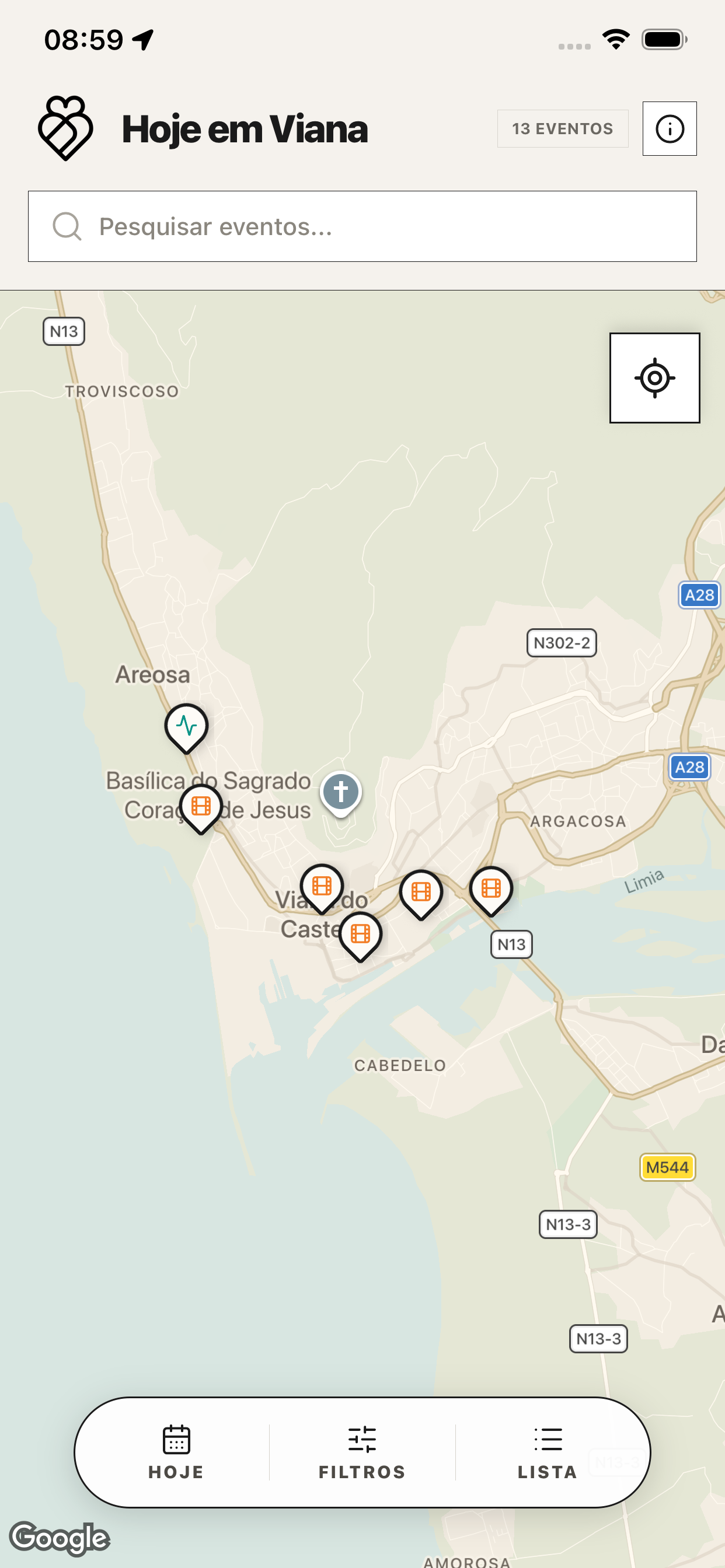 Mapa de eventos na app Hoje em Viana